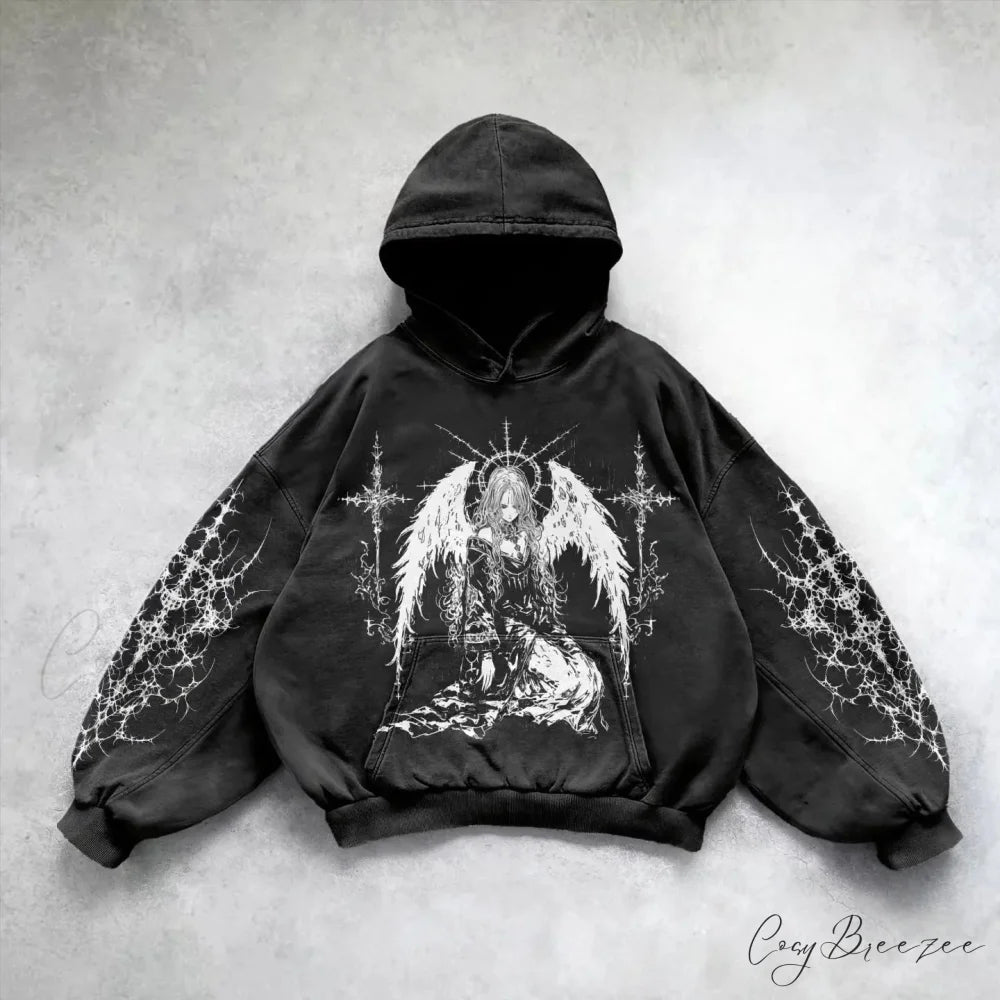 Pattern Printing Relaxed Hoodie black 4 / M hoodies-241228