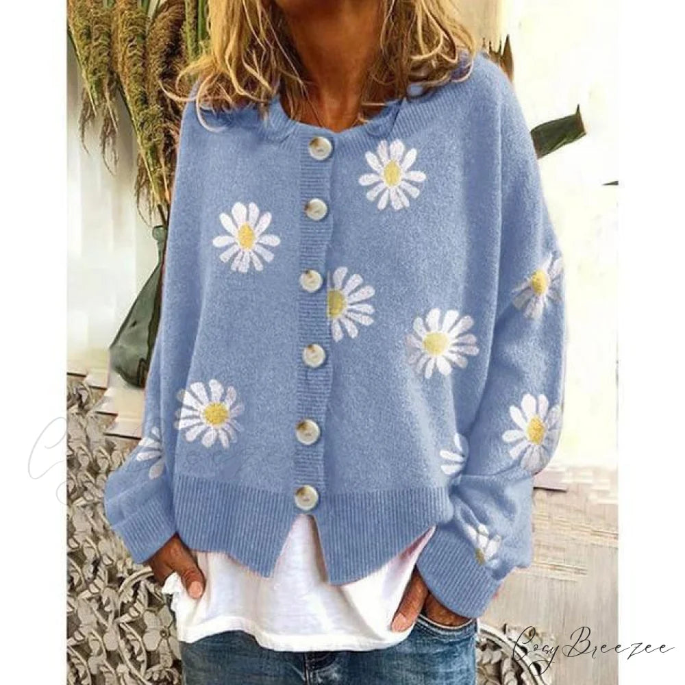 Patterned Elegant Knitted Coat Blue / S