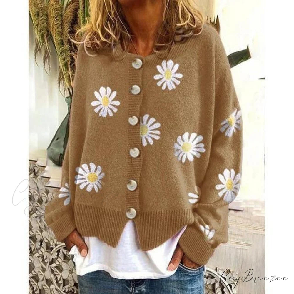 Patterned Elegant Knitted Coat Khaki / S