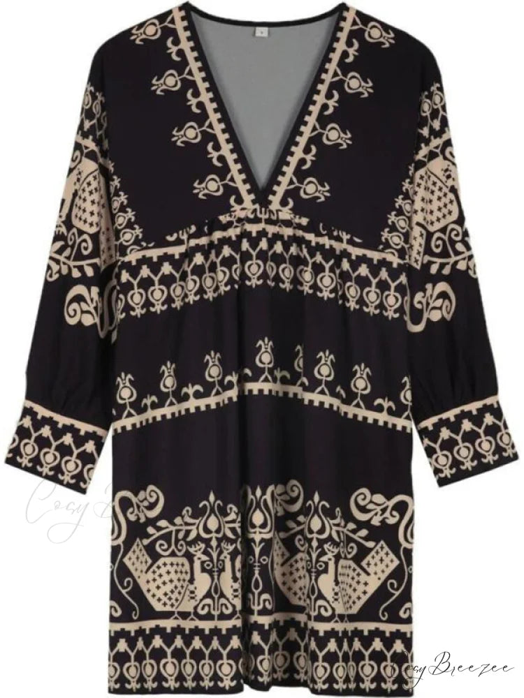 Patterned Gown for Fit V-neck Women And with Flare Three-quarter Sleeves