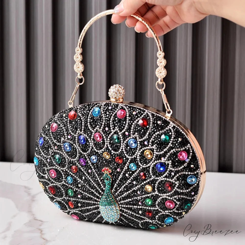 Peacock Diamond Rhinestone Evening Shoulder Clutch Bag Black clutchbag-250126