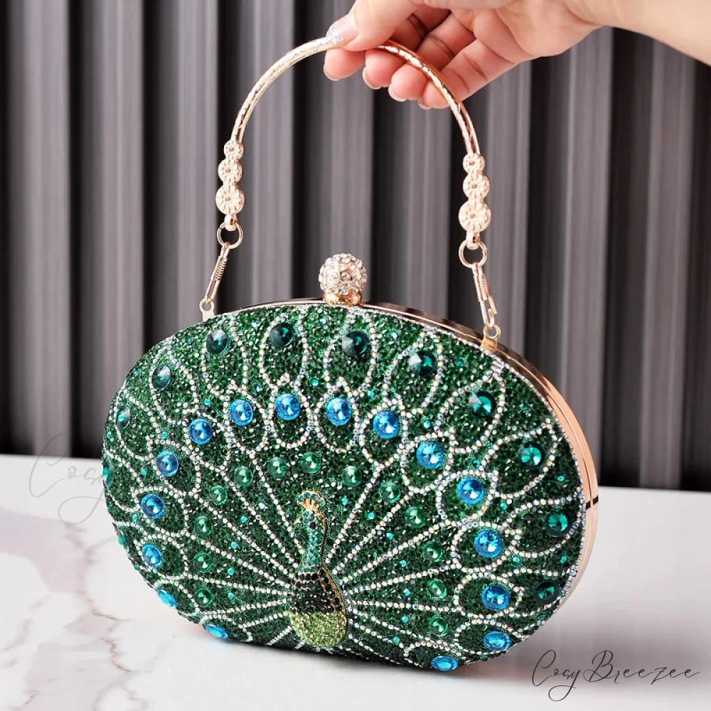 Peacock Diamond Rhinestone Evening Shoulder Clutch Bag Green clutchbag-250126