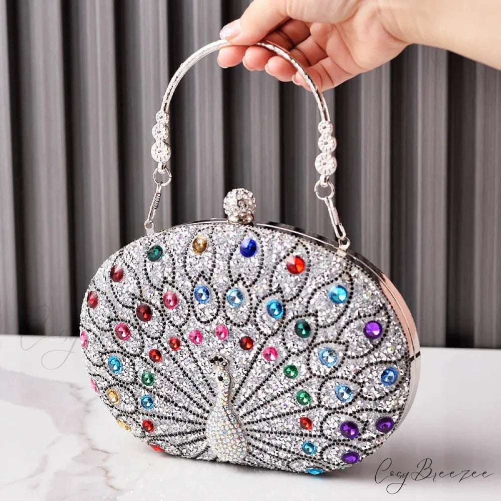 Peacock Diamond Rhinestone Evening Shoulder Clutch Bag silver clutchbag-250126