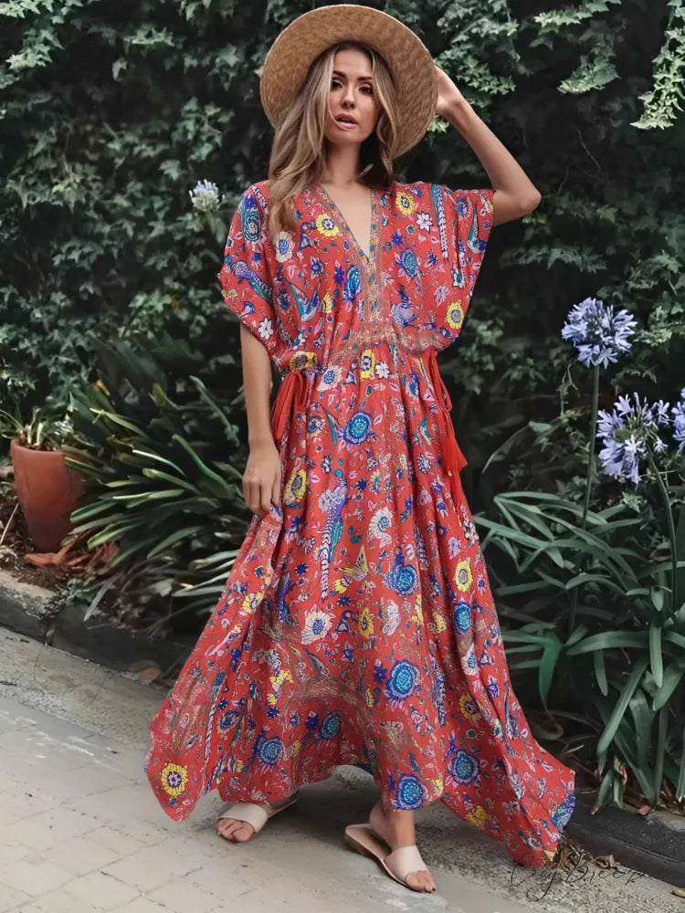 Peacock Floral Print V-neck Rayon Vacation Boho Dress Red / S bohodress-250126