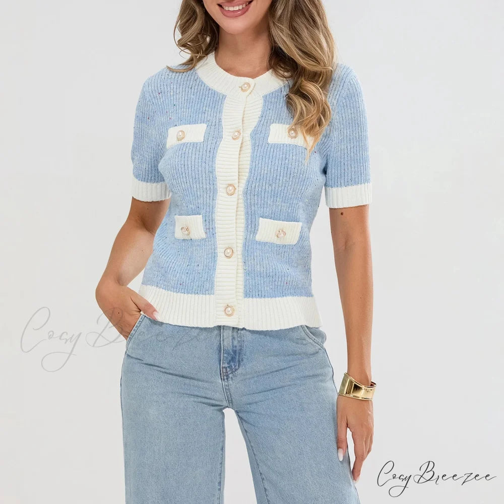 Pearl Button Short Sleeve Cardigan blue / S