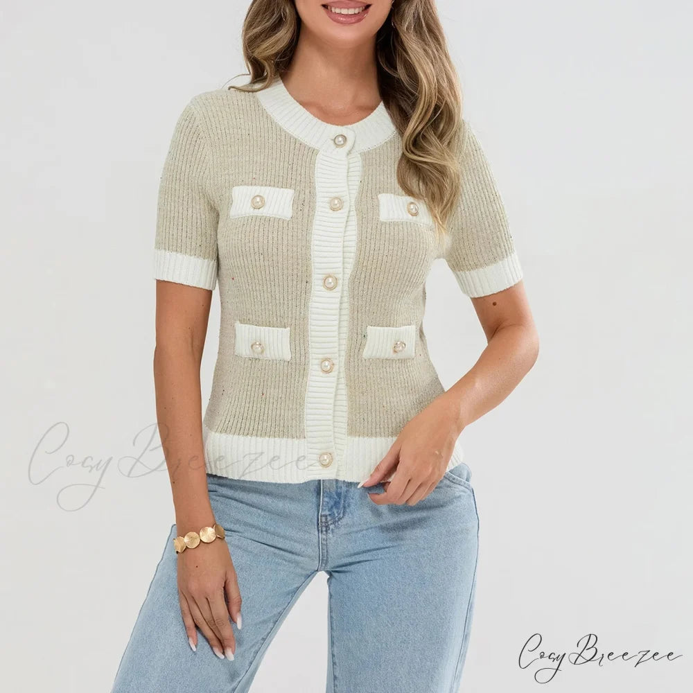 Pearl Button Short Sleeve Cardigan green / S