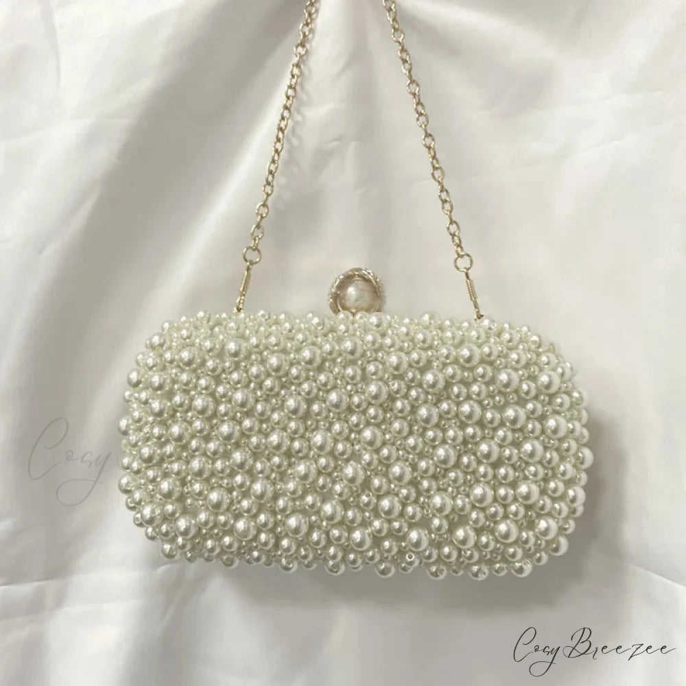 Pearl Crystal Beaded Evening Clutch Beige wristlet-250126