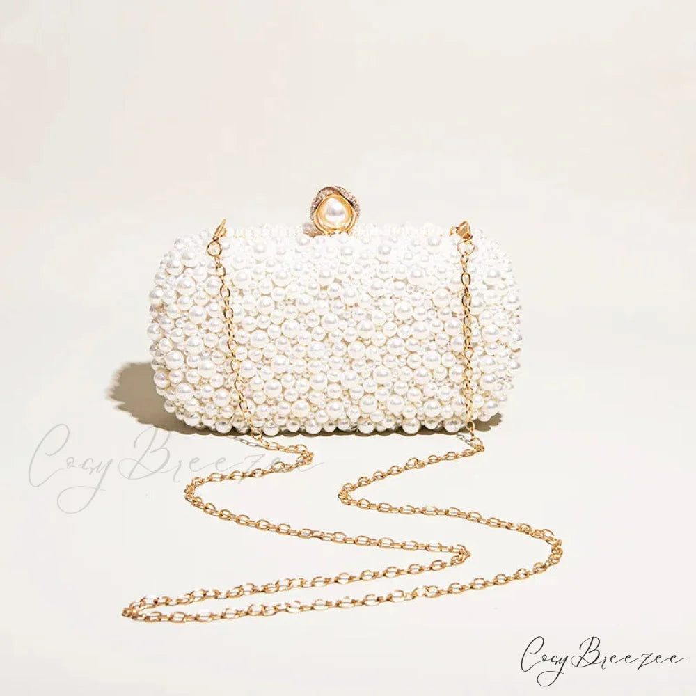 Pearl Crystal Beaded Evening Clutch Beige wristlet-250126