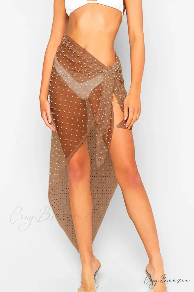 Pearl Mesh Tie Up Midi Skirt Coffee(Ship After April) / One Size