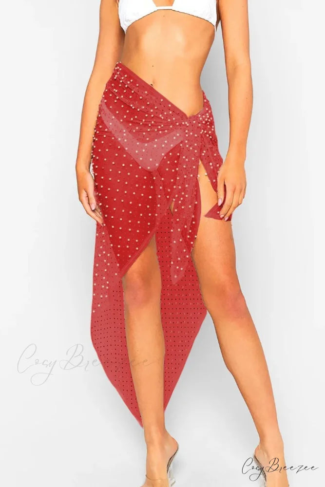 Pearl Mesh Tie Up Midi Skirt Red(Ship After April) / One Size