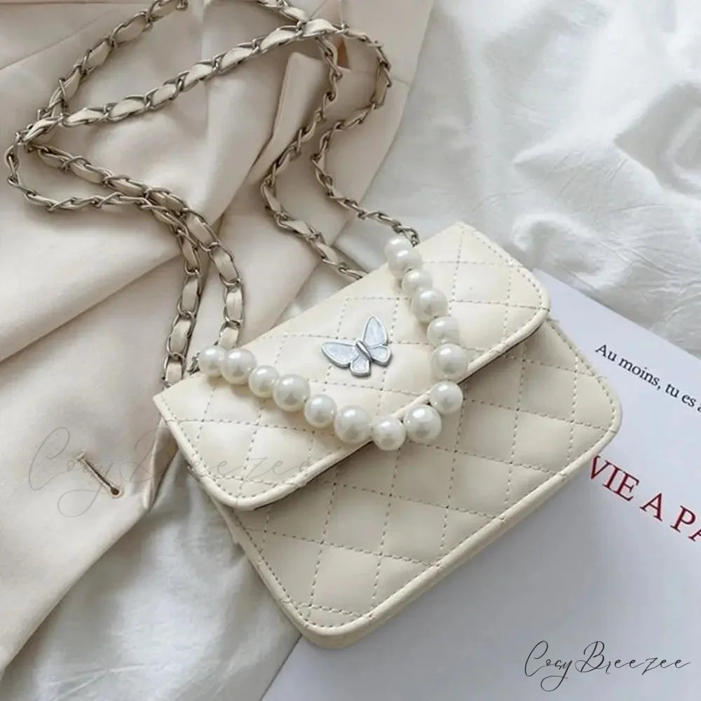 Pearl Shoulder Handbag PU Leather All-Match Tote White handbag-250126