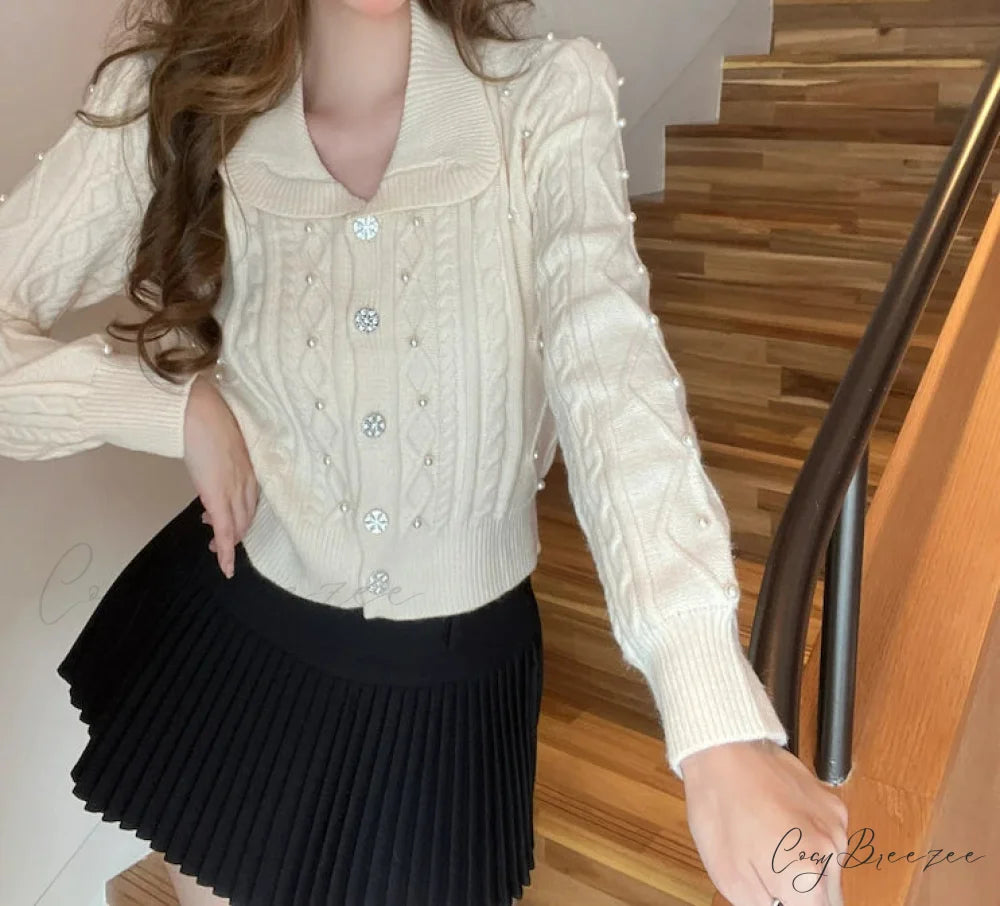 Pearl Turn Down Collar Cardigan white / One Size