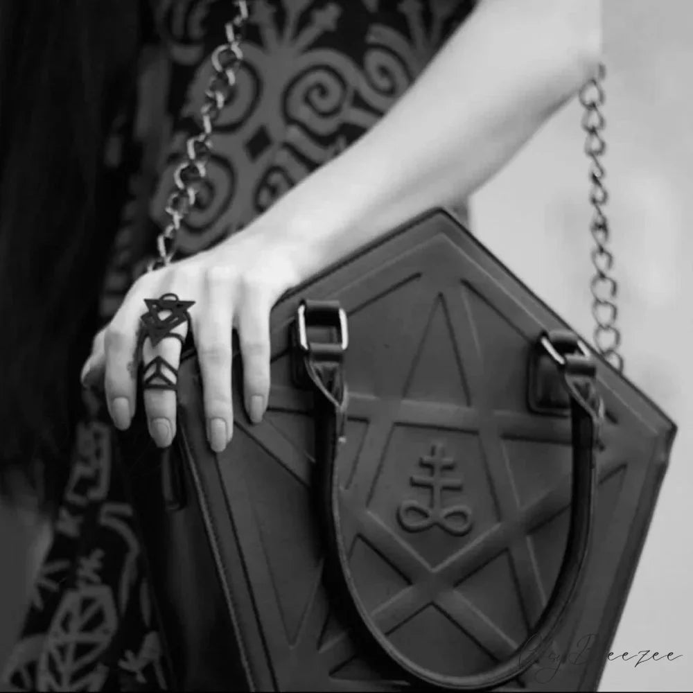 Pentagram Punk Darkness Gothic Soft Leather Chain Shoulder Handbag Bag Black / (30cm