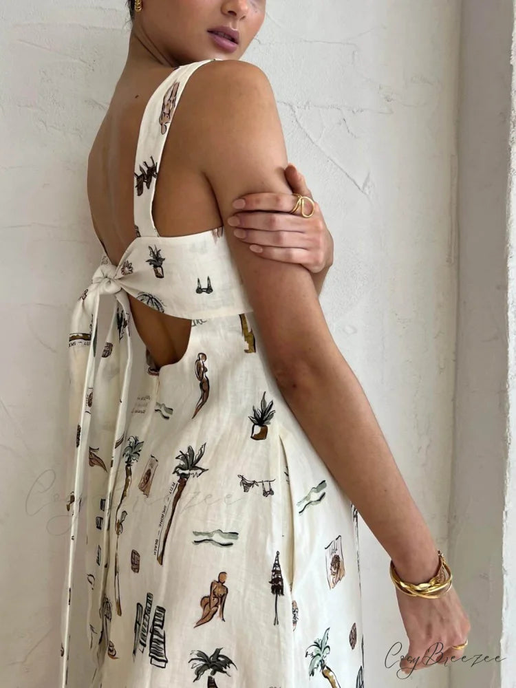 Personalized Graffiti Suspender Charming Sexy Backless Maxi Dress
