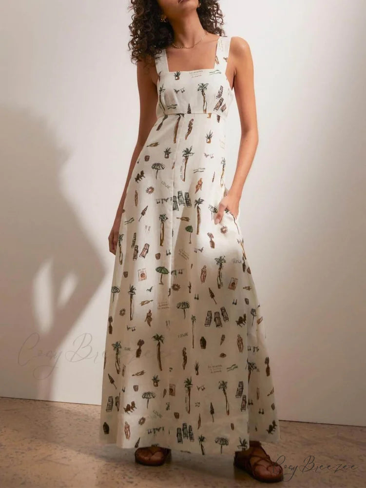 Personalized Graffiti Suspender Charming Sexy Backless Maxi Dress