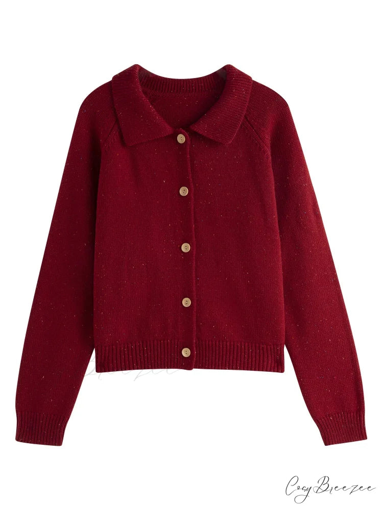 Petite Retro Lapel Knit Cardigan for Early Autumn Red Christmas Sweater Red / XS