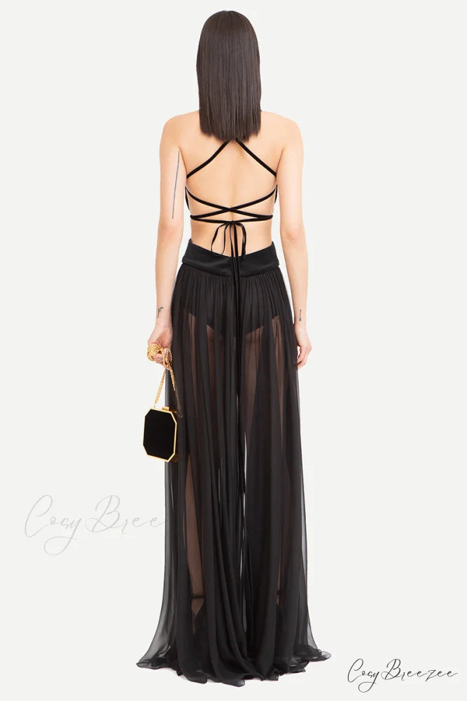Philomena Sheer Black Trendy Backless Maxi Dress
