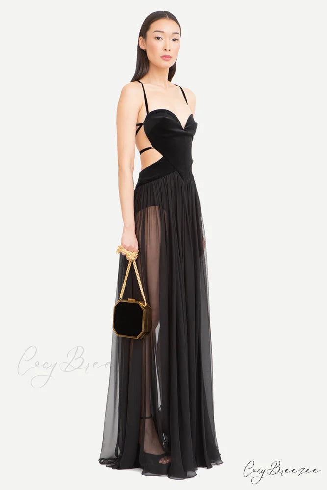 Philomena Sheer Black Trendy Backless Maxi Dress