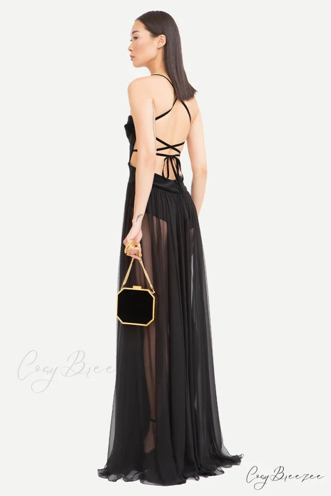 Philomena Sheer Black Trendy Backless Maxi Dress