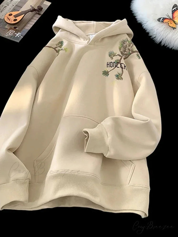 Pine Print Y2K Vintage Oversize Hoodie apricot / M(40-45KG) hoodies-241228