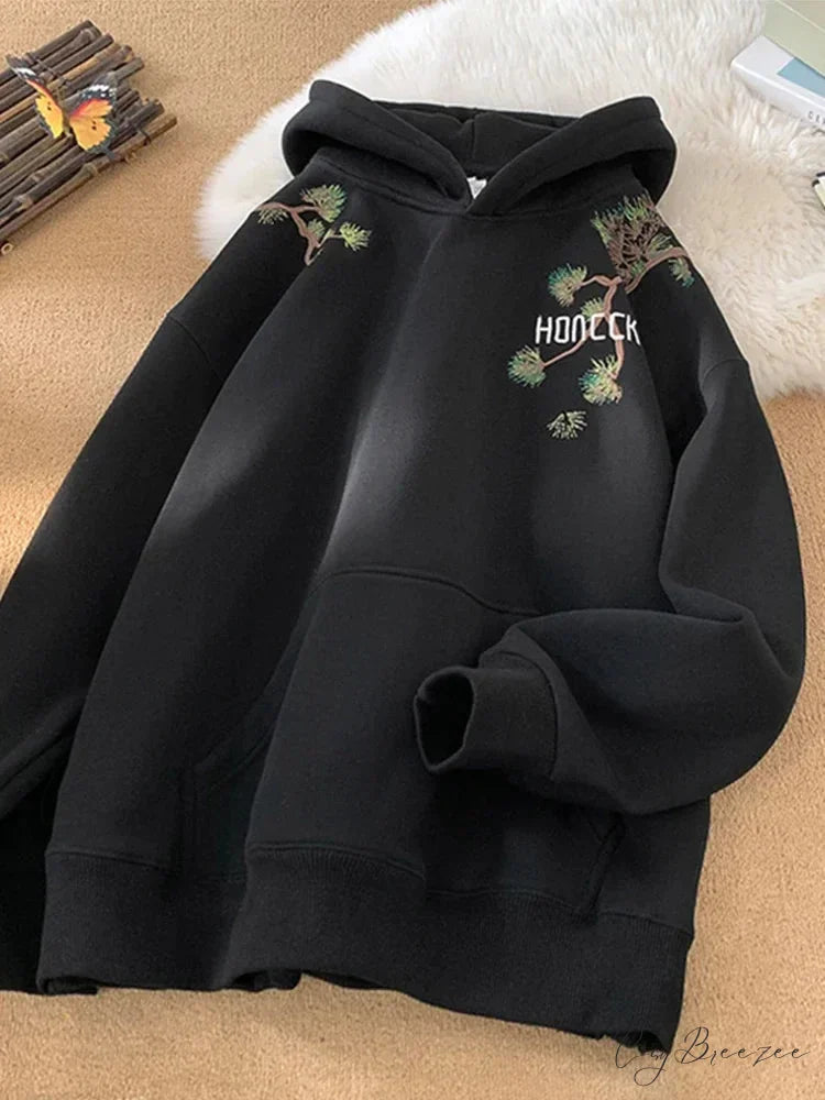 Pine Print Y2K Vintage Oversize Hoodie Black / M(40-45KG) hoodies-241228