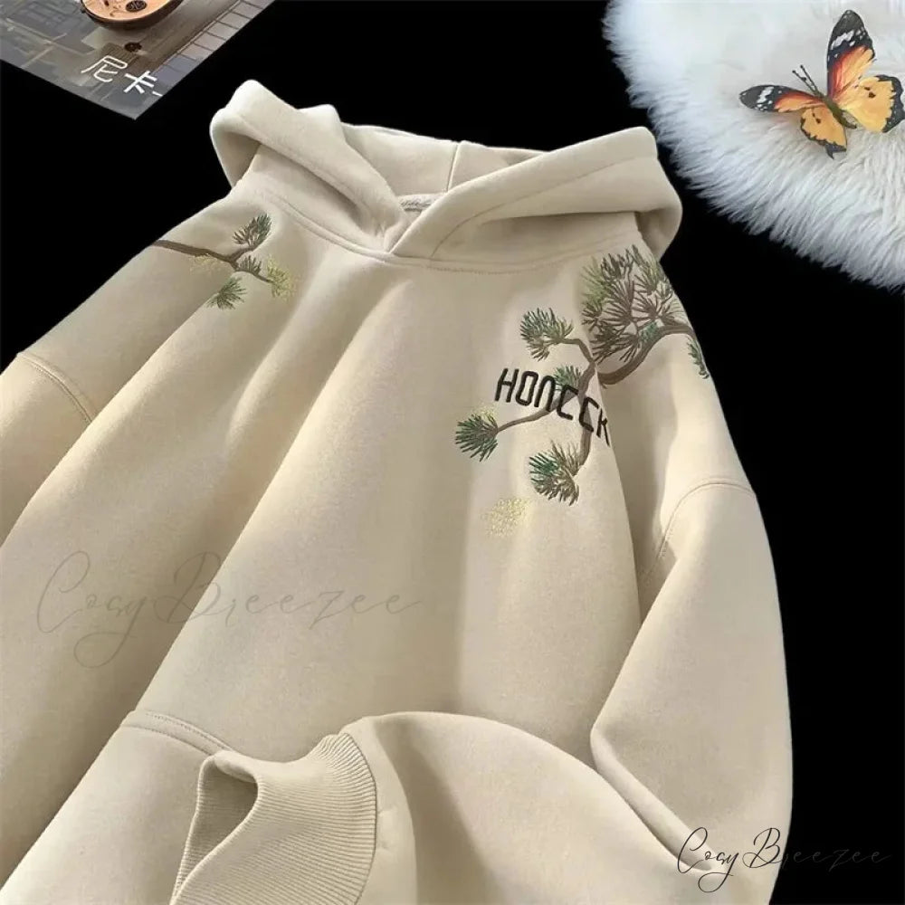 Pine Print Y2K Vintage Oversize Hoodie hoodies-241228