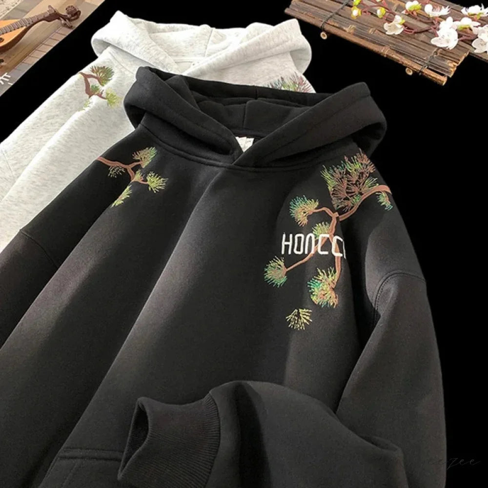 Pine Print Y2K Vintage Oversize Hoodie hoodies-241228