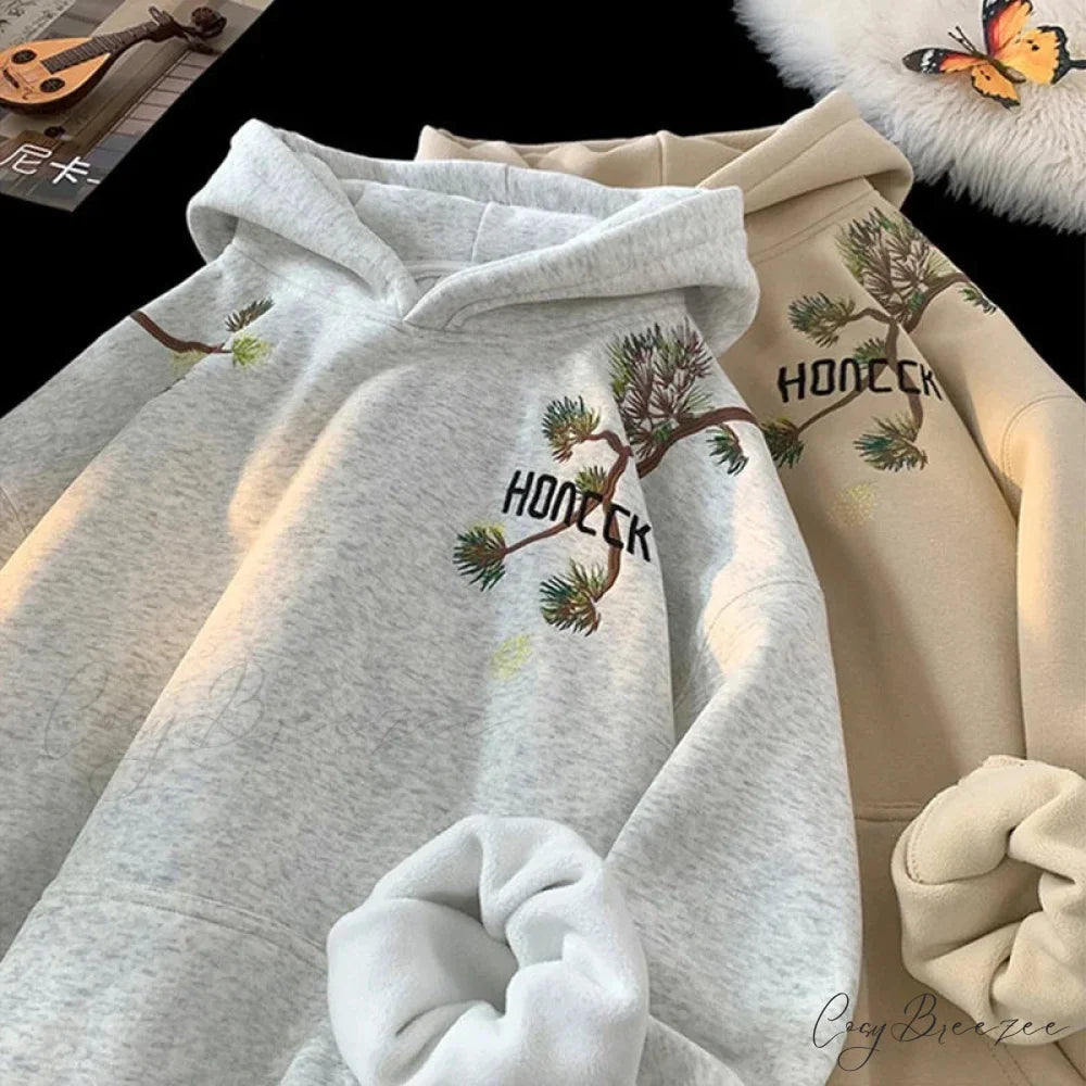 Pine Print Y2K Vintage Oversize Hoodie hoodies-241228