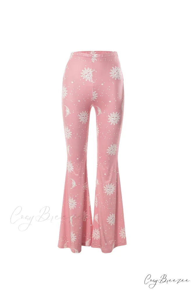 Pink Abstract Print Flares Pants