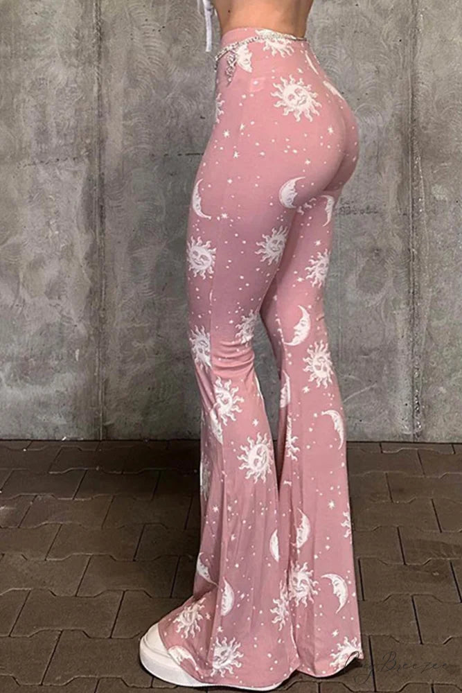 Pink Abstract Print Flares Pants Pink / L