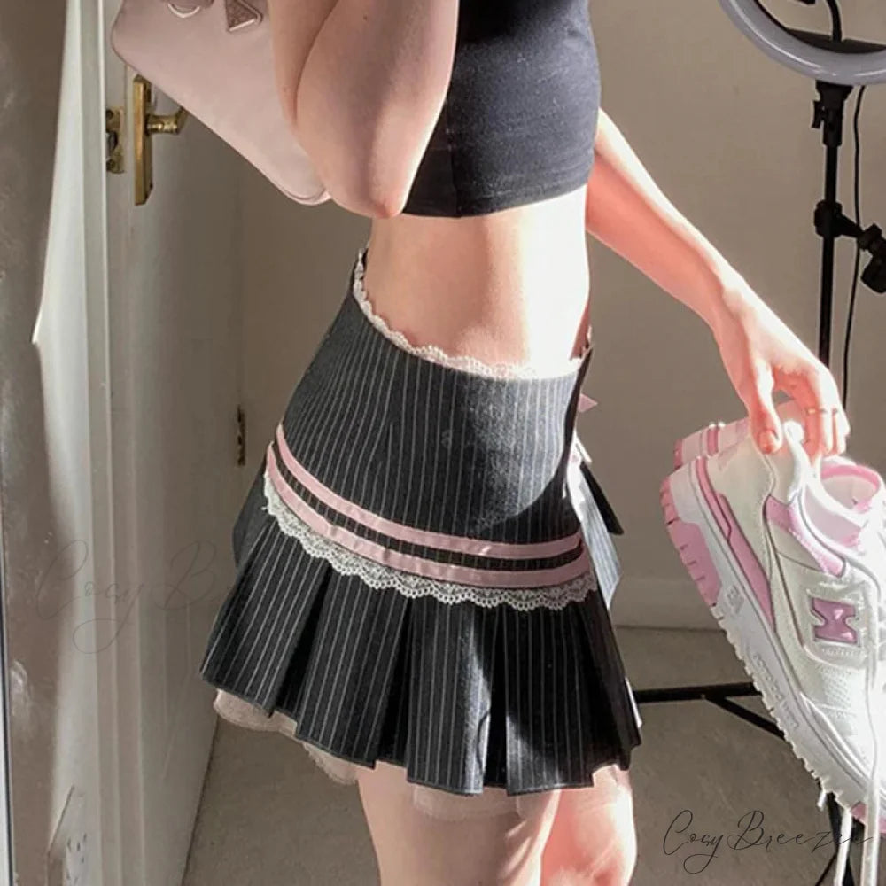Pink Bow Stitched Pleated Skirt skirts-250223