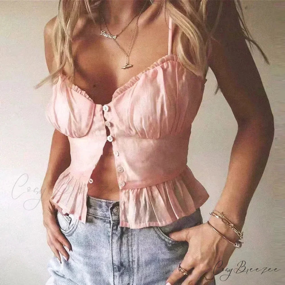 Pink Cotton Button-Up Crop Top croptop-250223