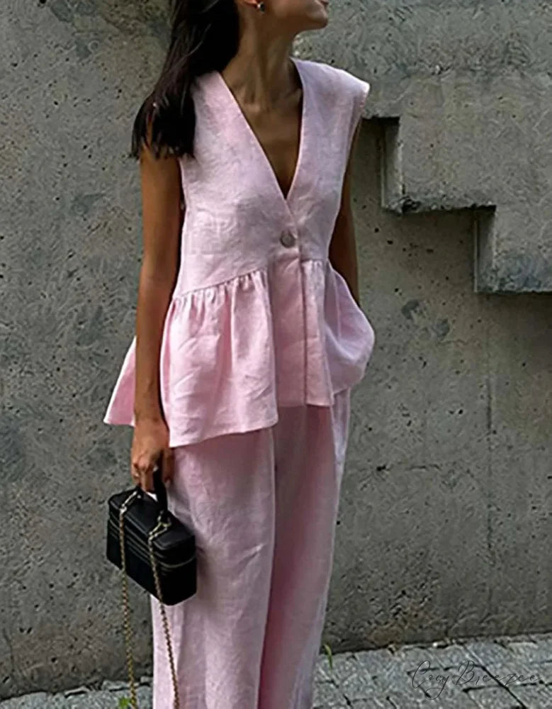 Pink Cotton Deep V-Neck Trousers Office Set officetwopieceset-250223