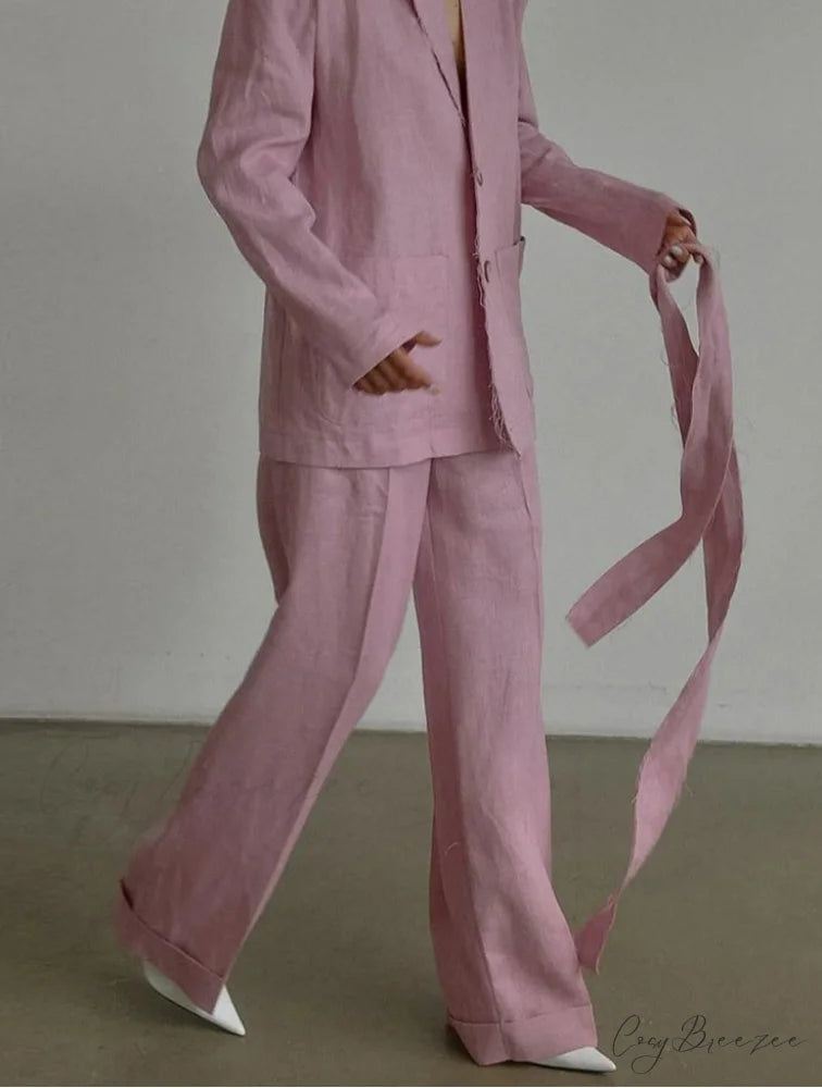 Pink Cotton Lace-Up Wide Pants Office Set officetwopieceset-250223