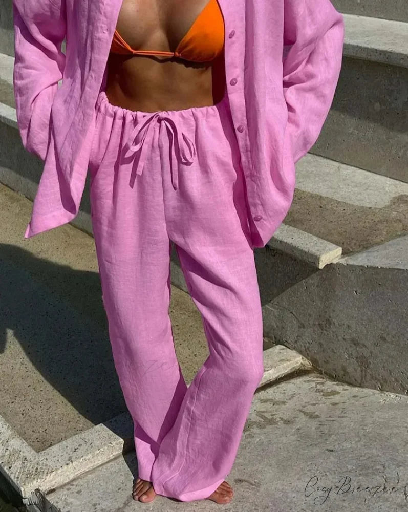 Pink Cotton Single Breasted Trousers Office Set Pink / S officetwopieceset-250223