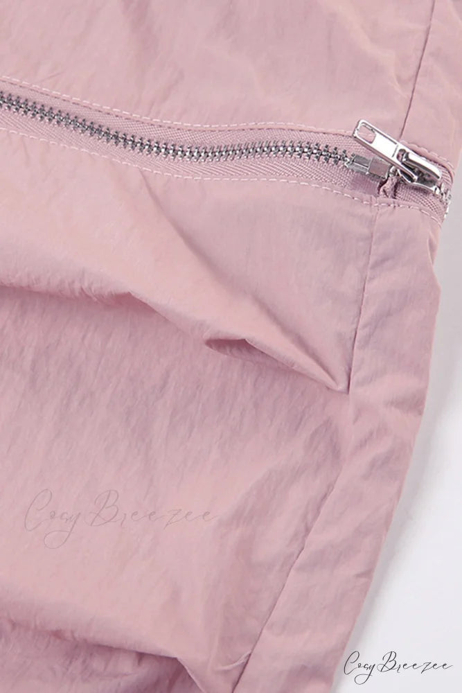 Pink Drawstring Zipper Cargo Pants