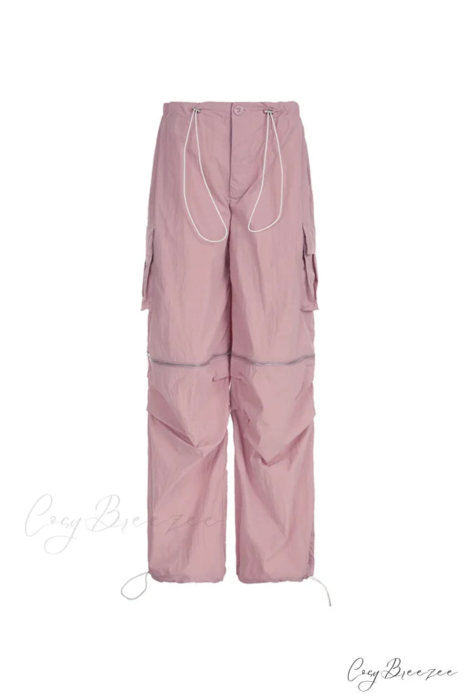 Pink Drawstring Zipper Cargo Pants
