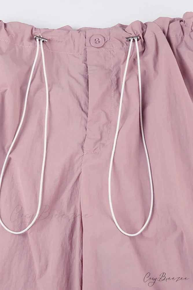 Pink Drawstring Zipper Cargo Pants