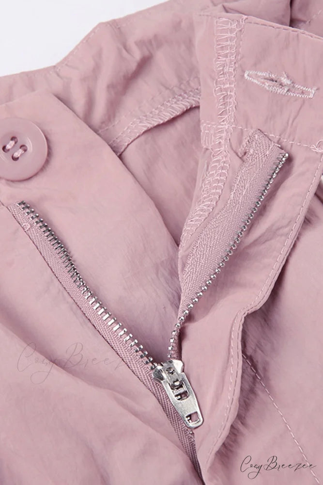 Pink Drawstring Zipper Cargo Pants