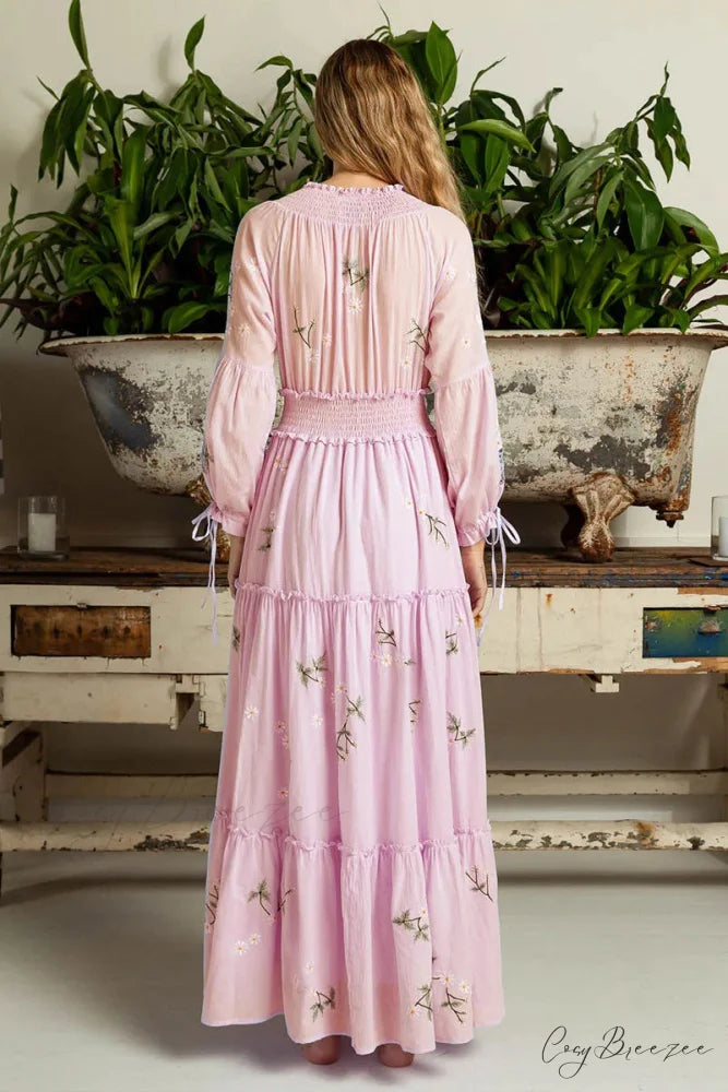 Pink Embroidery Floral Boho Long Sleeve Dress bohodress-250126