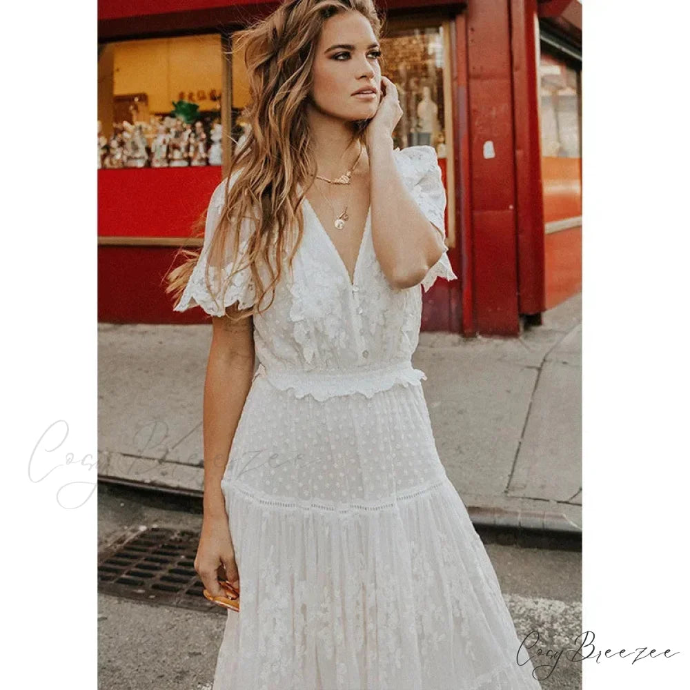 Pink Floral Square Collar Short Sleeve Boho Dress bohodress-250126