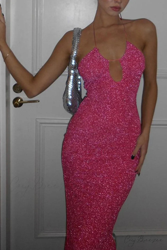 Pink Glitter Tie-back Dress with Slit