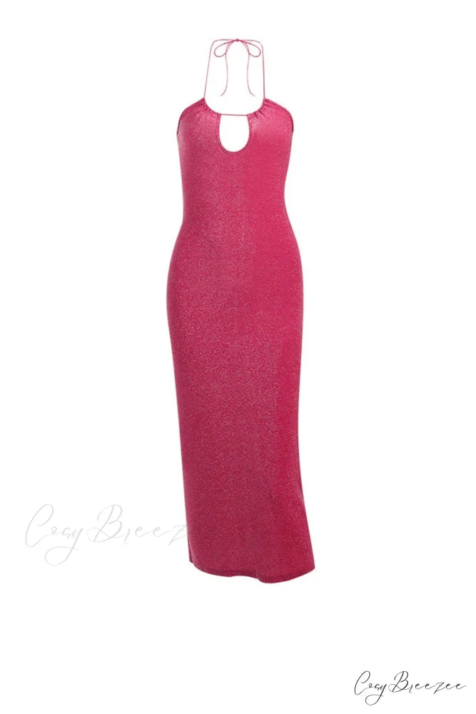 Pink Glitter Tie-back Dress with Slit