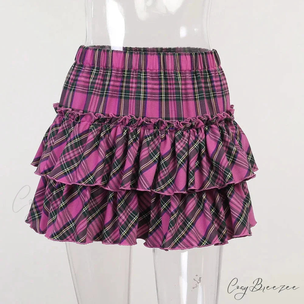 Pink Japanese College Youth Girl Plaid High Waist Slim Skirt PINK / S