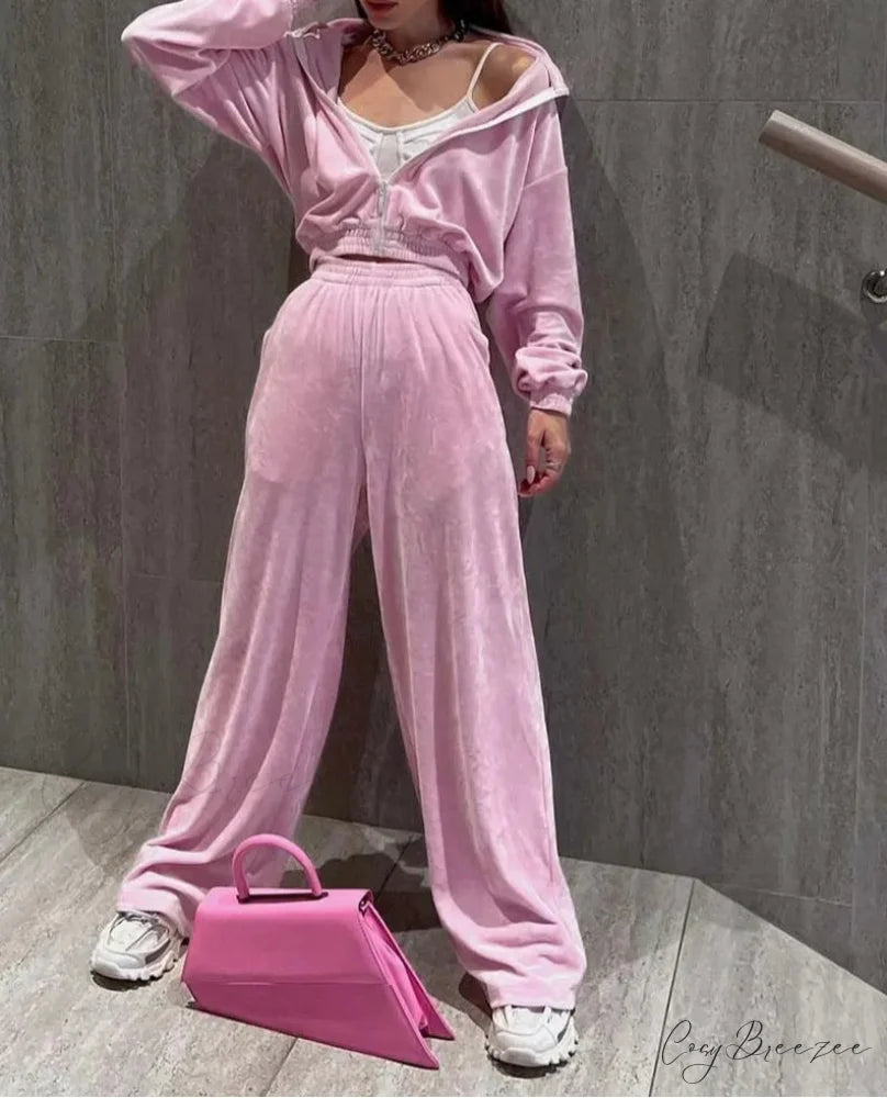 Pink Knitting Zipper Straight Trousers Office Set officetwopieceset-250223