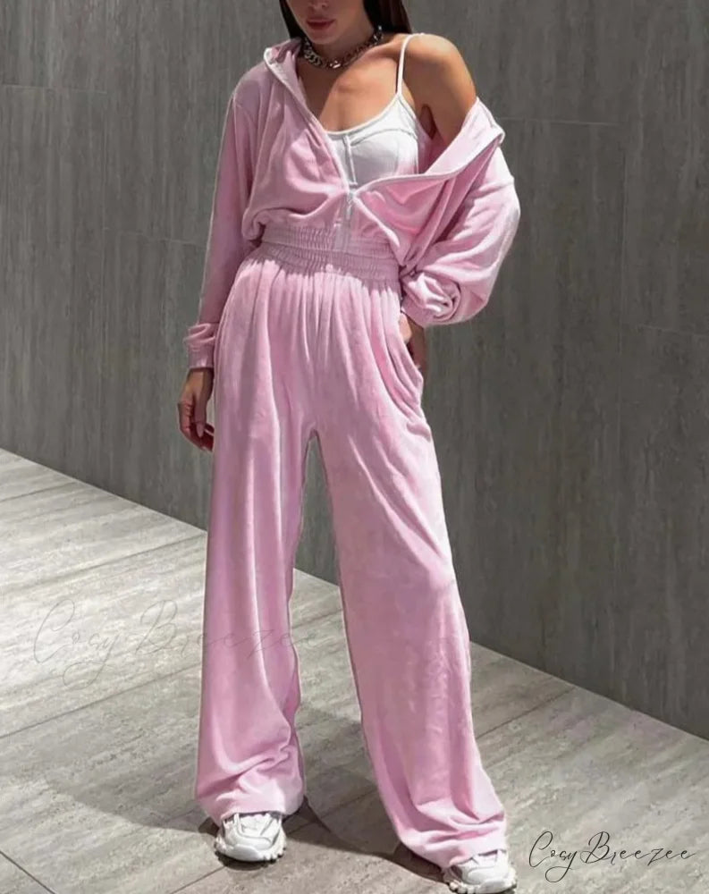Pink Knitting Zipper Straight Trousers Office Set officetwopieceset-250223