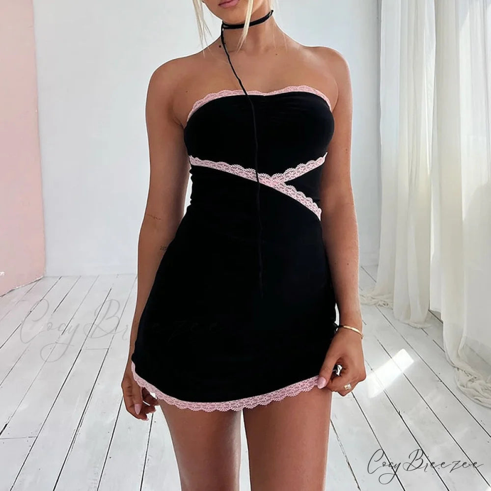 Pink Lace Trim Charming Black Tube Mini Dress
