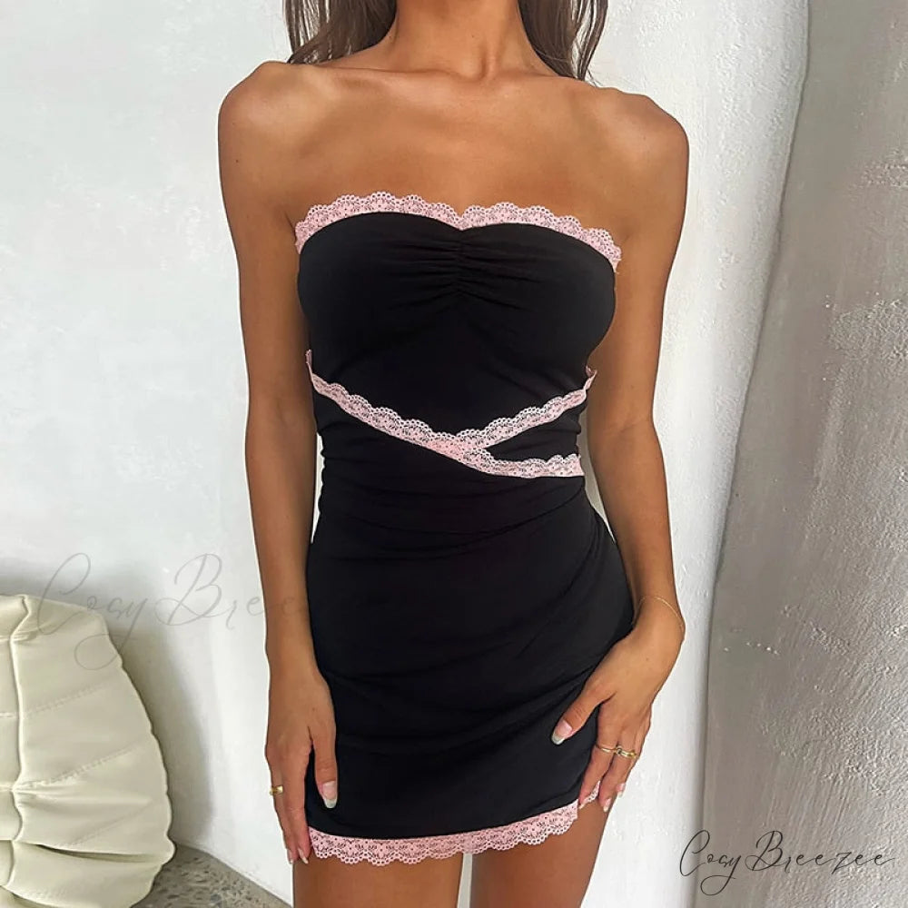 Pink Lace Trim Charming Black Tube Mini Dress