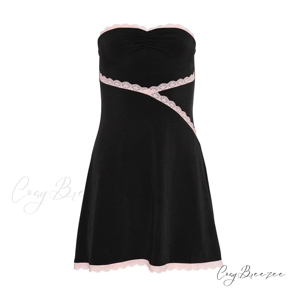 Pink Lace Trim Charming Black Tube Mini Dress Black / S