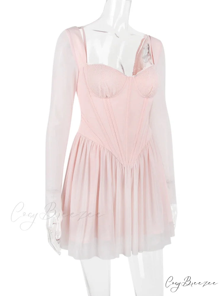 Pink Long Sleeve Charming Bustier Frill Mini Dress